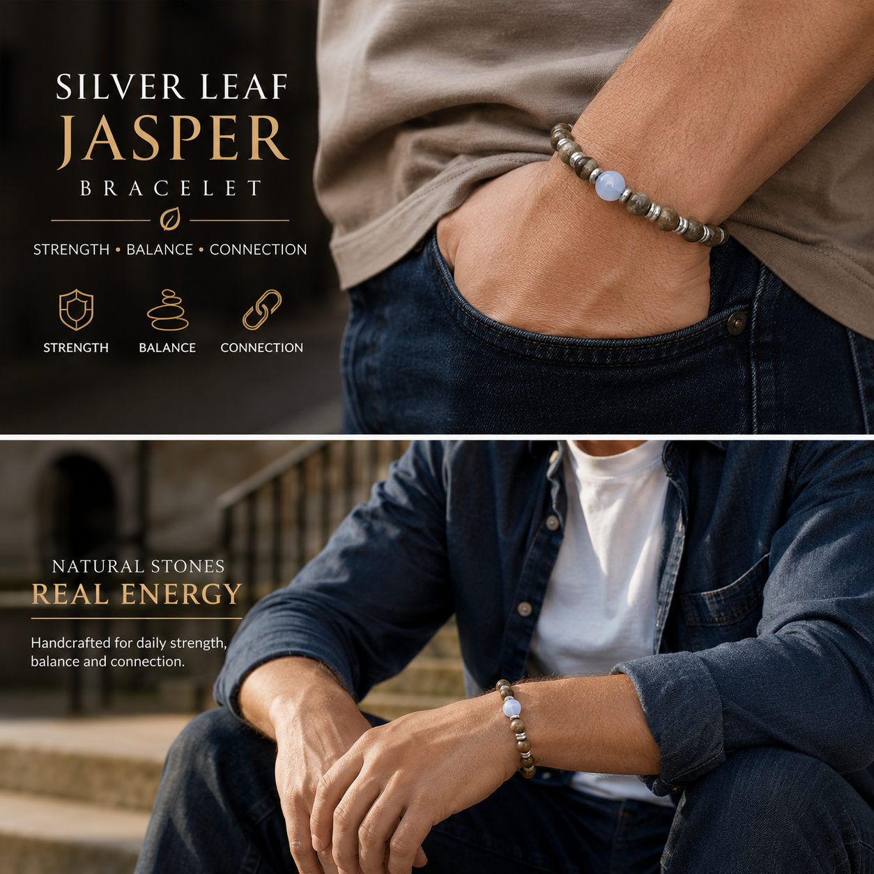 Men's Silver Leaf Jasper Bracelet