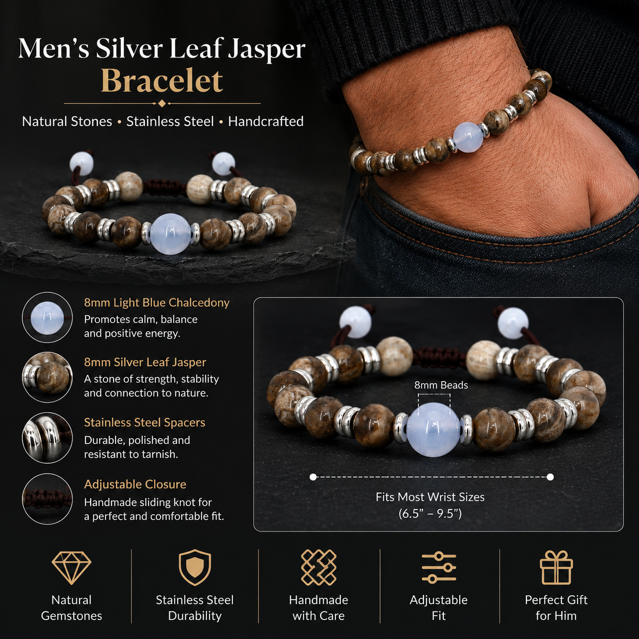 Men's Silver Leaf Jasper Bracelet