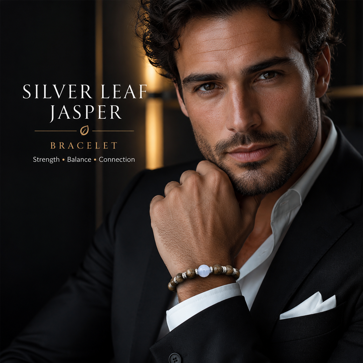 Men's Silver Leaf Jasper Bracelet