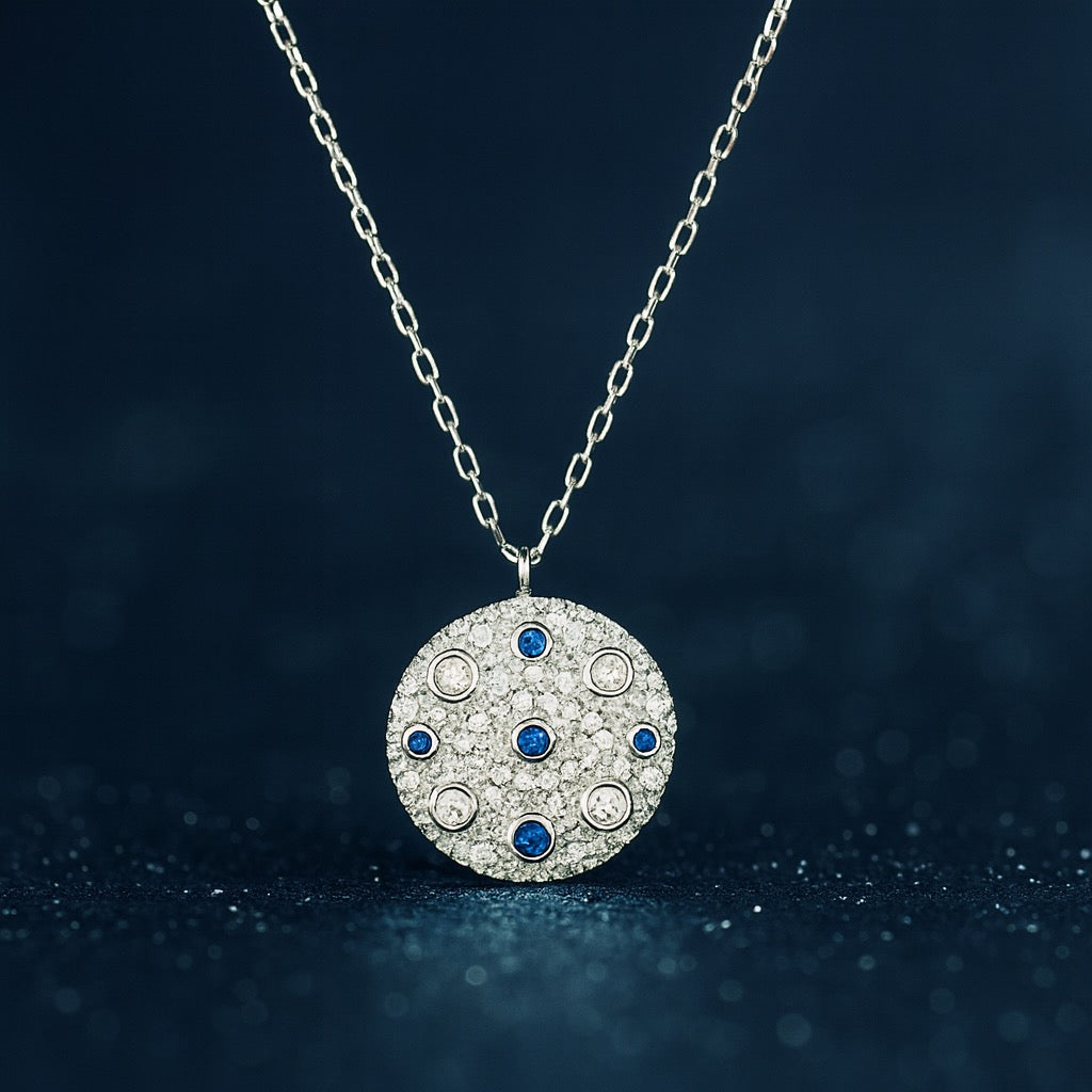 Blue and White Crystal Medallion Necklace
