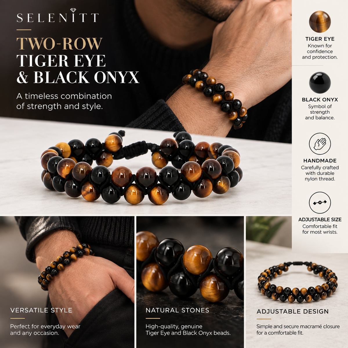 Two-Row Tiger Eye & Black Onyx Bracelet