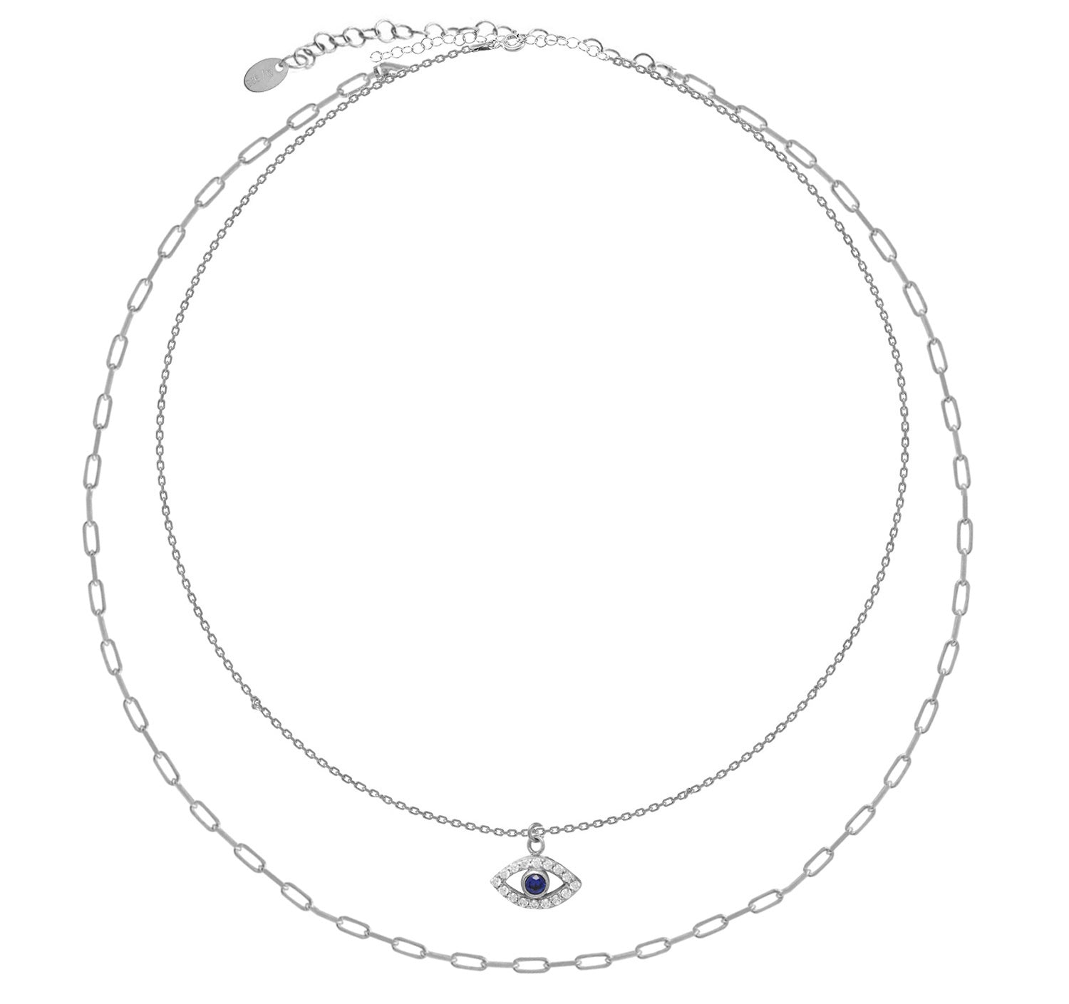 Double Strand Sterling Silver Necklace with Evil Eye Charm