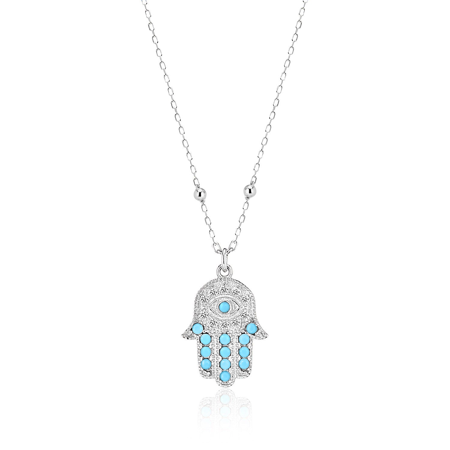 Silver Hamsa Hand Necklace with Turquoise Stones
