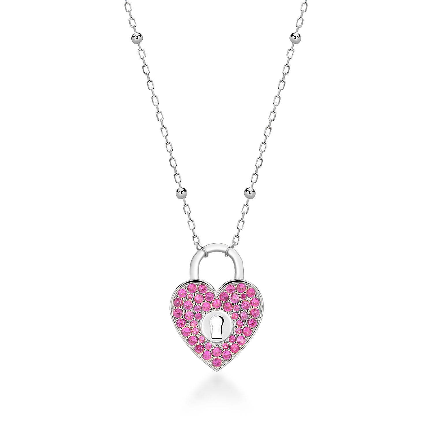 Pink Heart Lock Silver Necklace