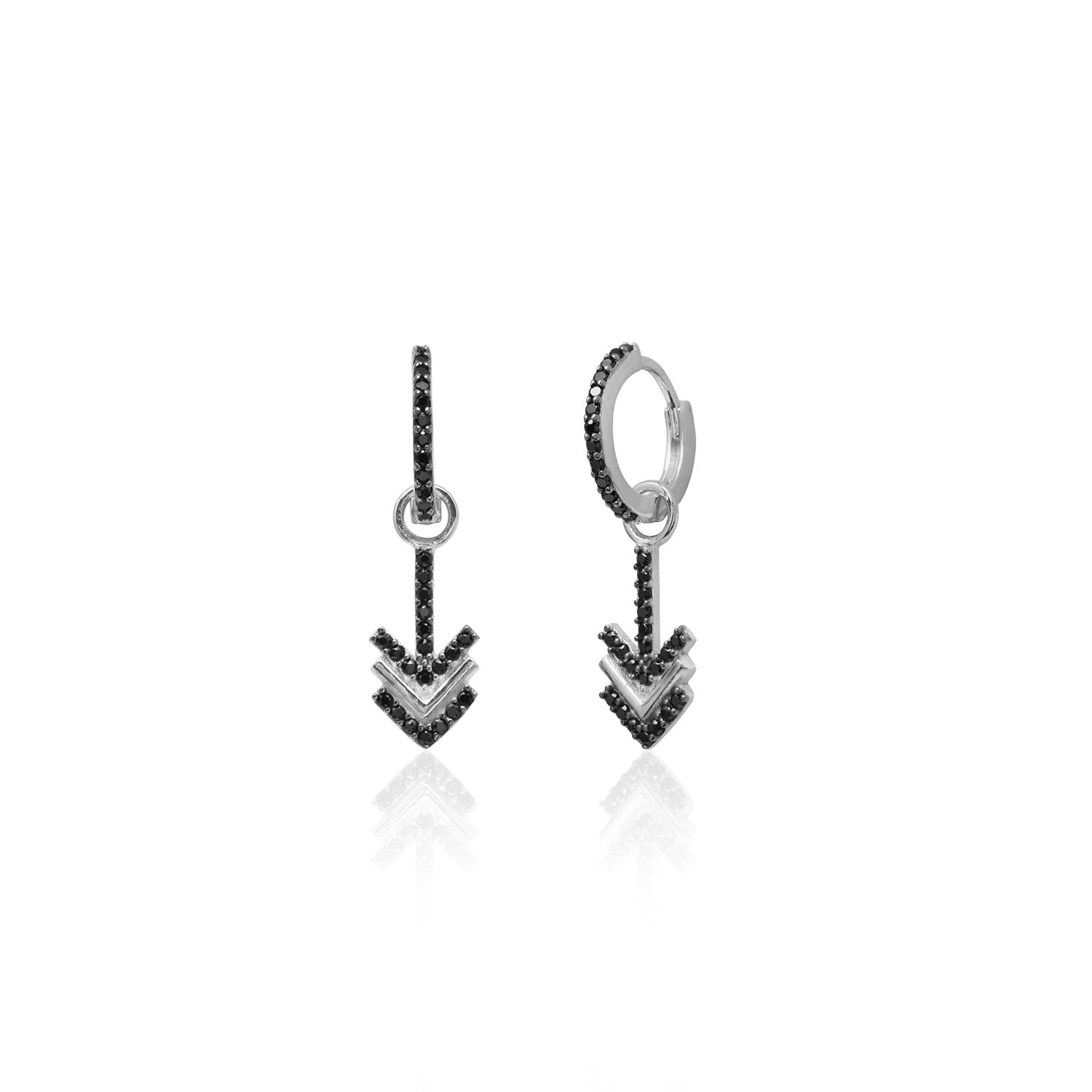 Silver Arrow Drop Earrings with Black Stones